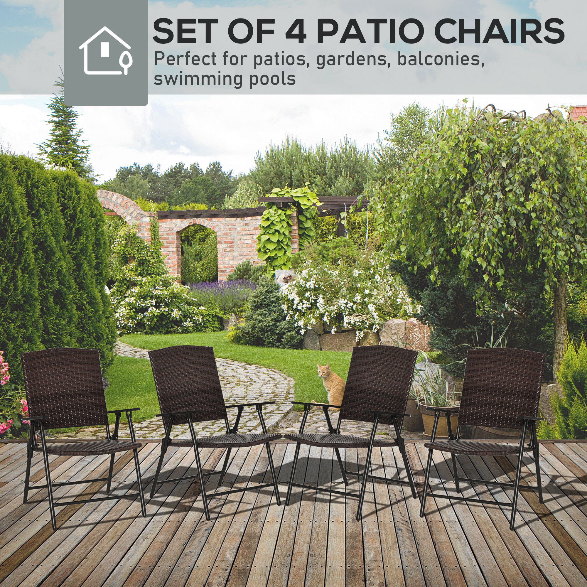 Outsunny Rattan Patio Dining Chair Set of 4 with Folding Design,Outdoor Wicker for Garden Mixed Brown