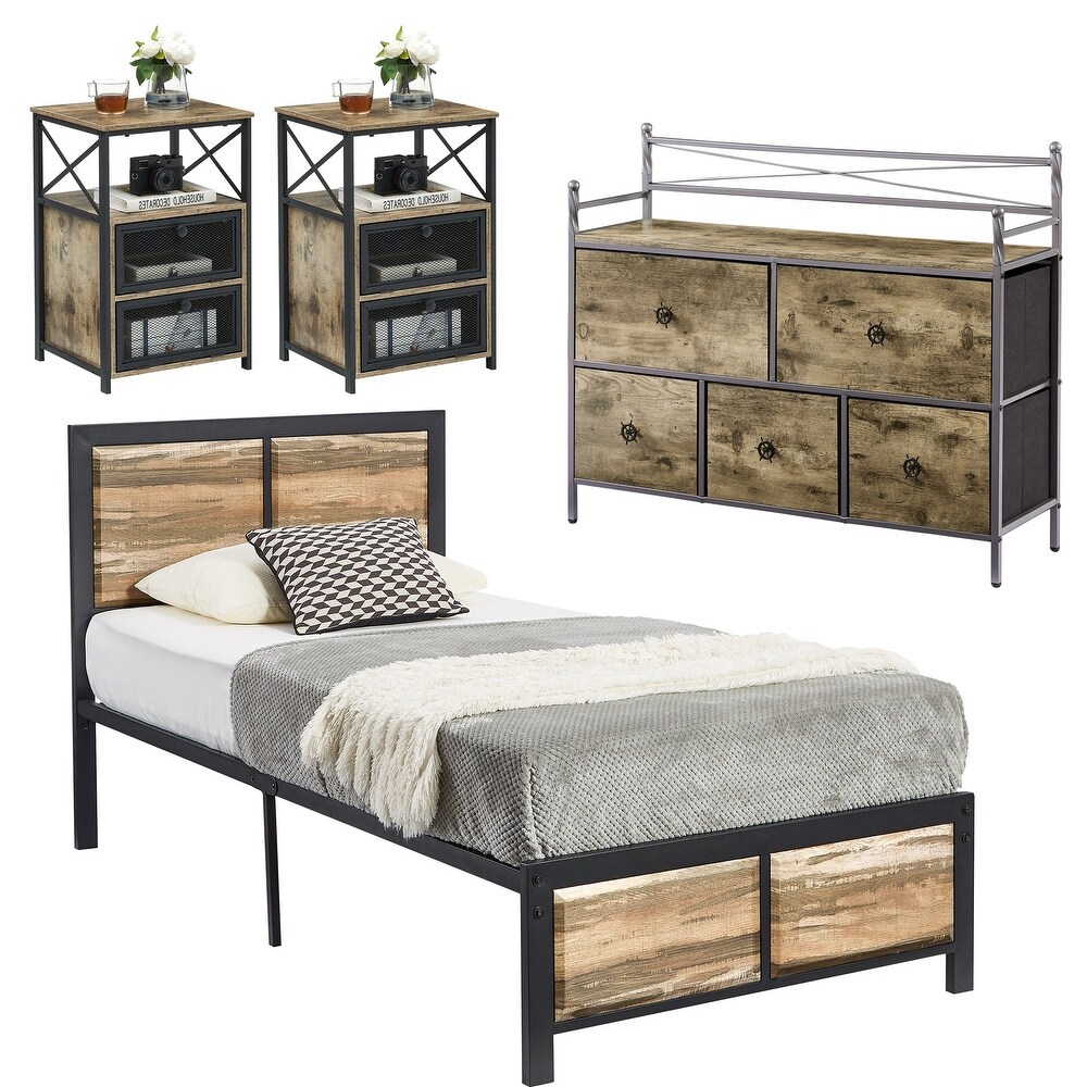 VECELO 4 Pieces Bedroom Set with Drawer and Nightstands Set of 2  Brown/Grey Set