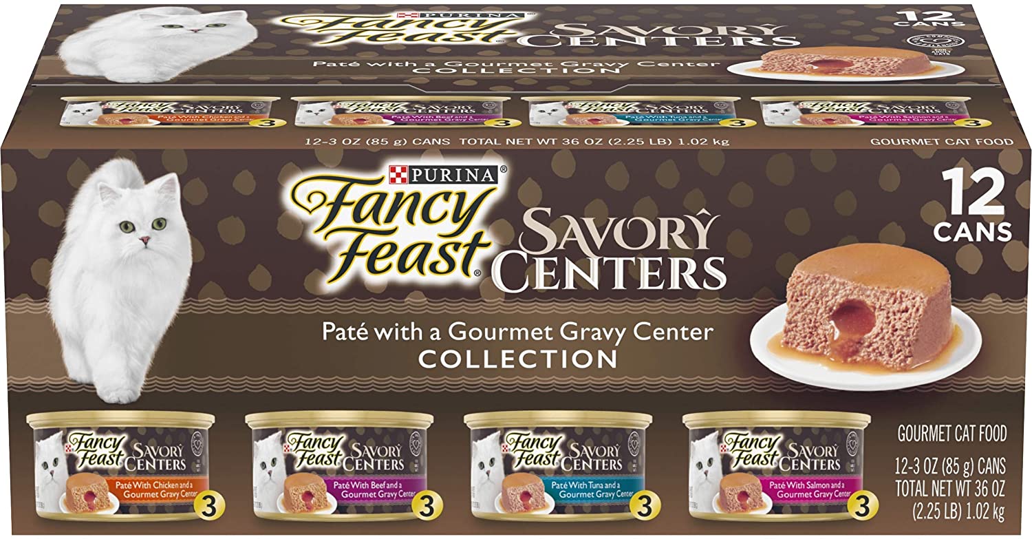 Purina Fancy Feast Pate Wet Cat Food Variety Pack， Savory Centers Pate With a Gravy Center - (2 Packs of 12) 3 oz. Pull-Top Cans