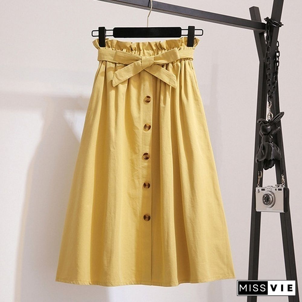 Women Skirts Fashion High Waist Skirt Women Spring Summer Midi Skirts Womens Elastic Waist Ladies Skirts With Belt