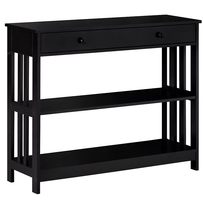 HOMCOM Console Hallway Table with Extra Wide Pull Out Drawer 2 Open Shelves and Slatted Wood Frame Design Black