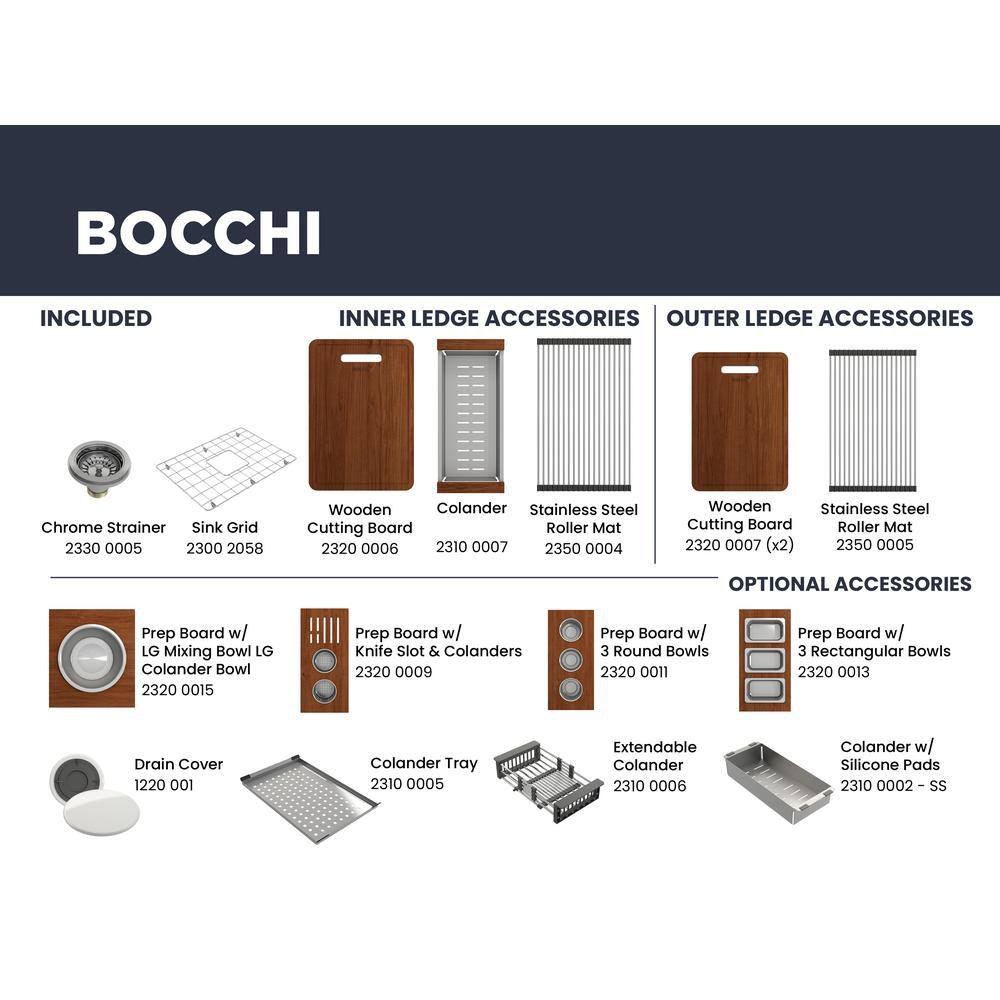 BOCCHI Baveno Uno White Fireclay 27 in. Single Bowl UndermountDrop-In 3-hole Kitchen Sink wIntegrated WS and Acc. 1633-001-0127