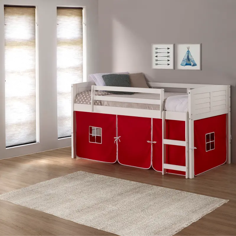 Louver White Twin Loft Bed with Red Tent