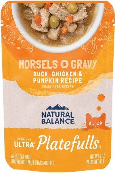 Natural Balance Platefulls Indoor Formula Duck， Chicken and Pumpkin Formula in Gravy Grain-Free Cat Food Pouches