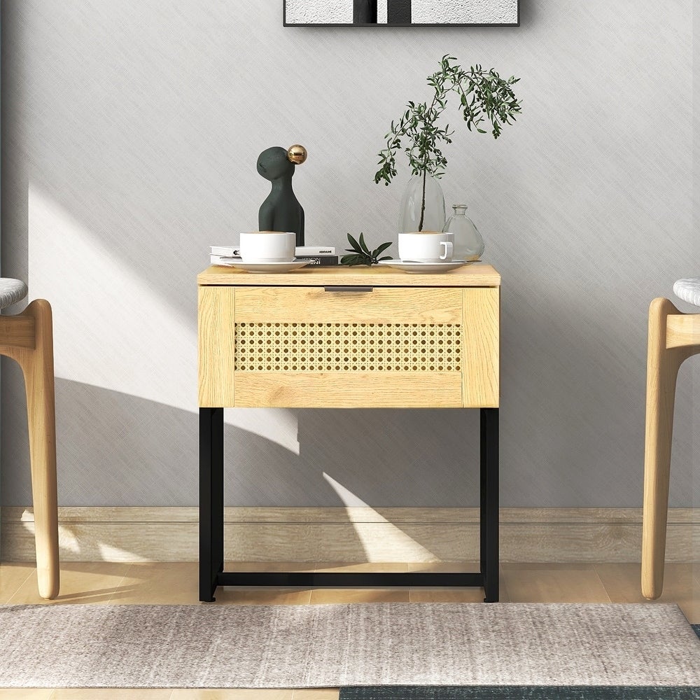 Nightstand， Side Table with Wicker Rattan