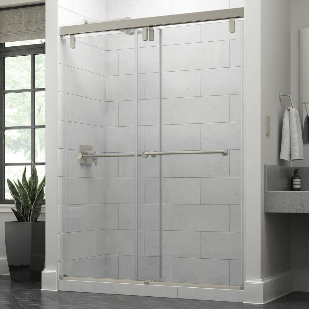 Delta Lyndall 60 in. W x 71-12 in. H Mod Soft-Close Sliding Frameless Shower Door in Nickel with 38 in. Clear Glass SDMSD60-BN-R