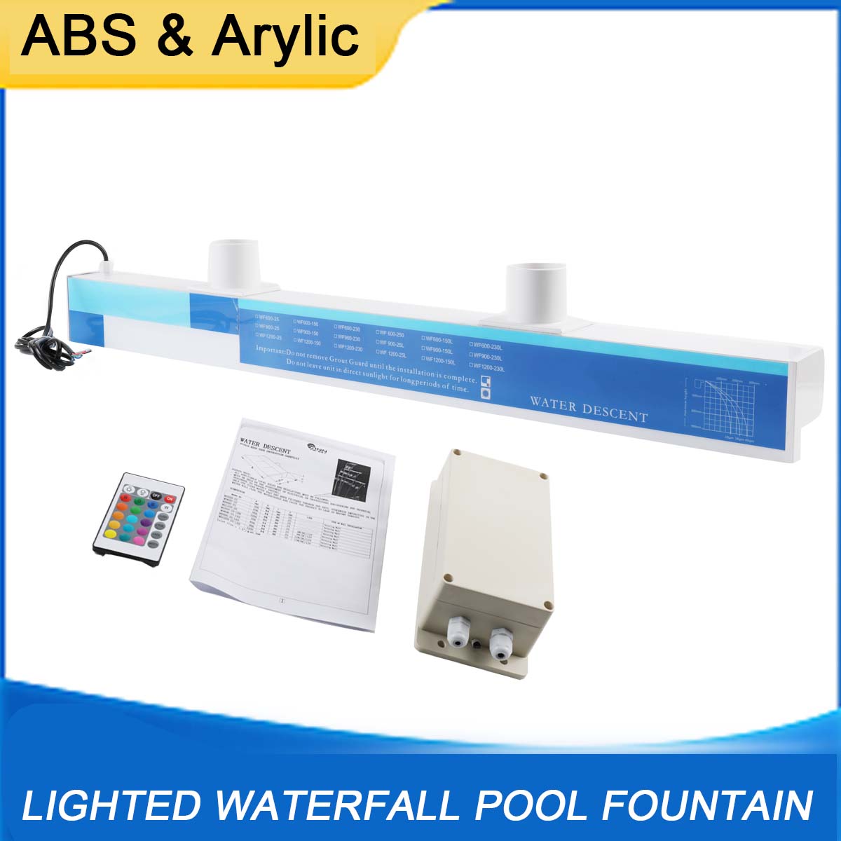 ECUTEE Pool Fountain with LED Strip Light 35.7 x 5.4 x 3 inch Rectangular Pool Waterfall Spillway for Garden