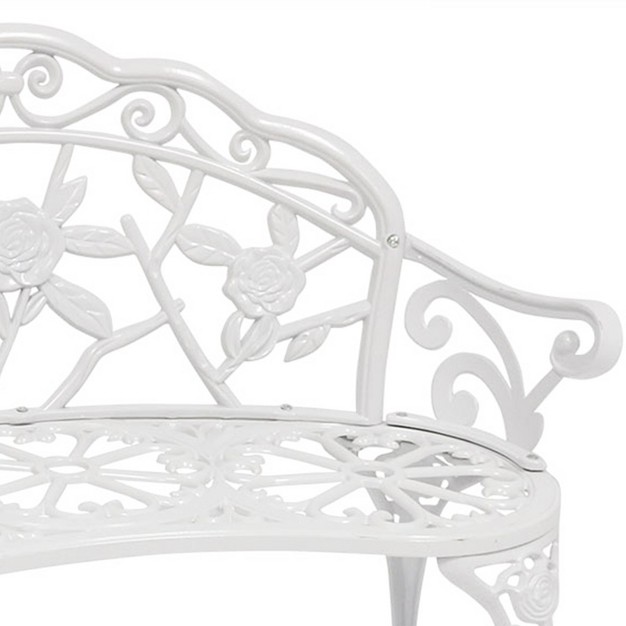 Sunnydaze 2 person Classic Rose Design Cast Aluminum Outdoor Garden Bench White