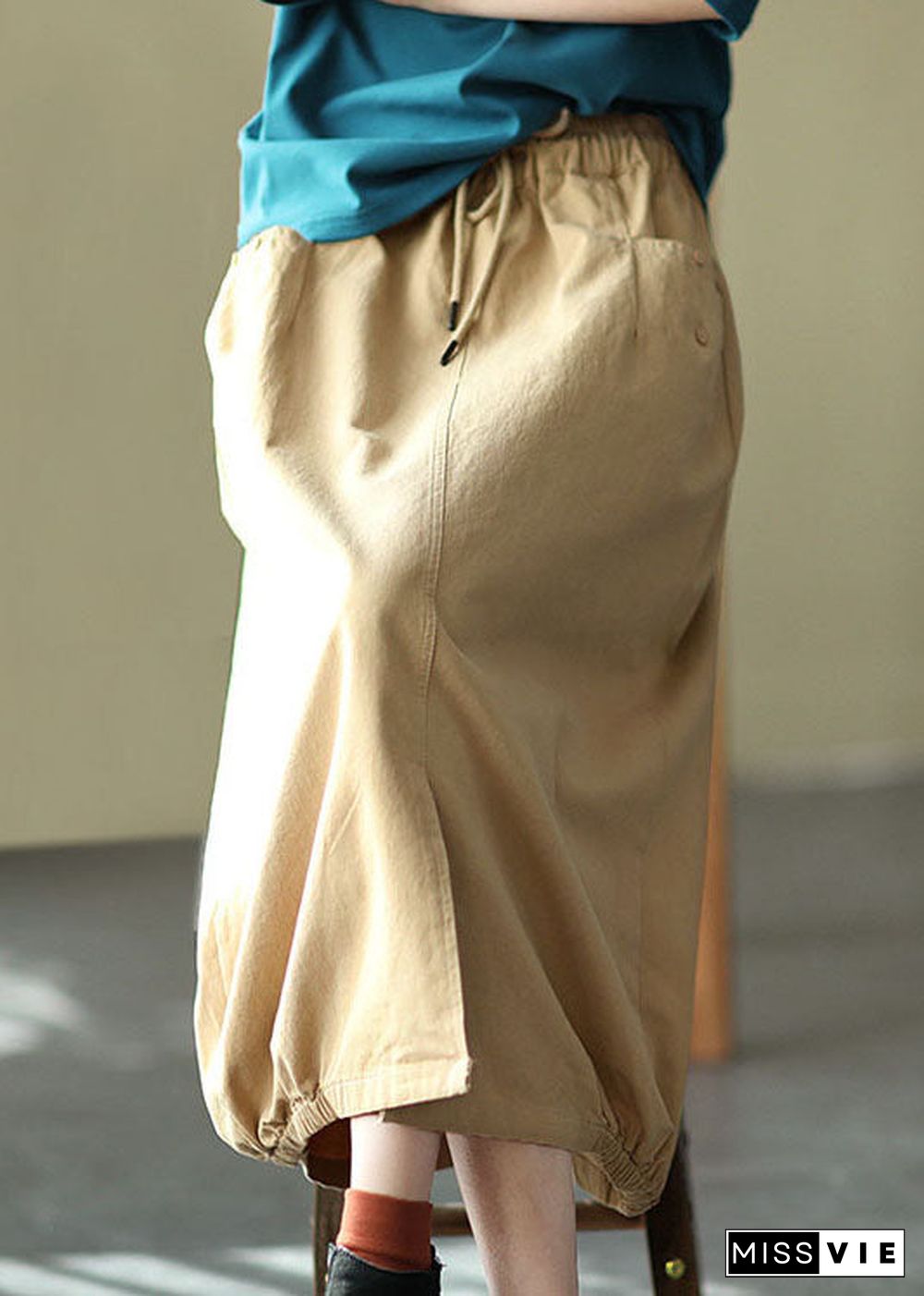 Beautiful Khaki Elastic Waist Pockets open Fall Skirts