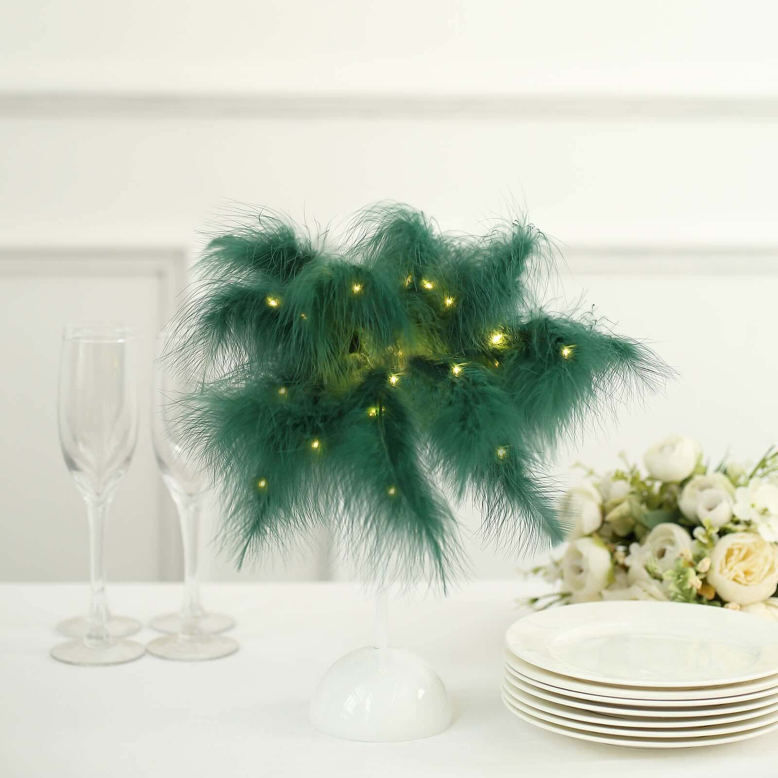 LED Hunter Emerald Green Feather Table Lamp Desk Light, Battery Operated Cordless Wedding Centerpiece 15