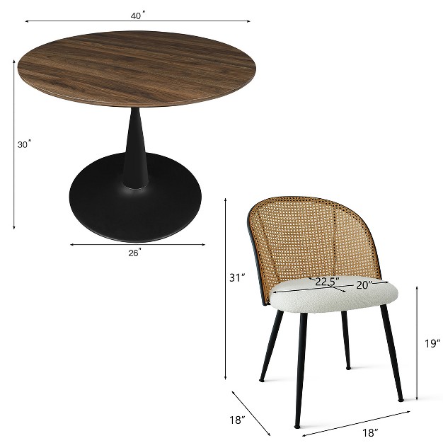 Black Round Pedestal Dining Table Set With 4 Boucl Fabric Mesh Rattan Backrest Dining Chair With Black Legs the Pop Maison