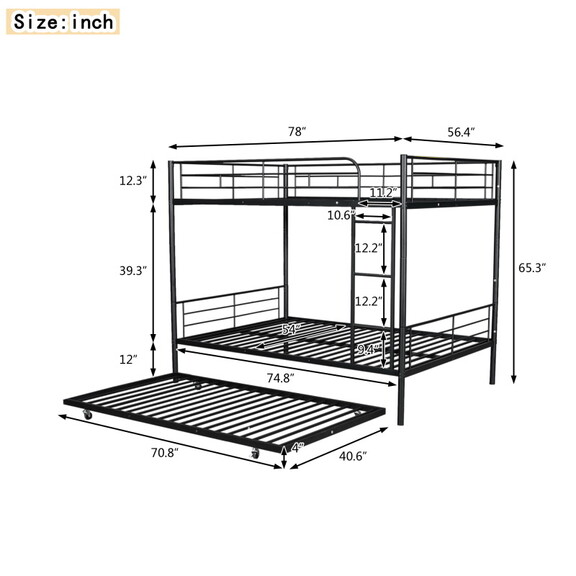 Full XL over Queen Metal Bunk Bed with Trundle  Wh...