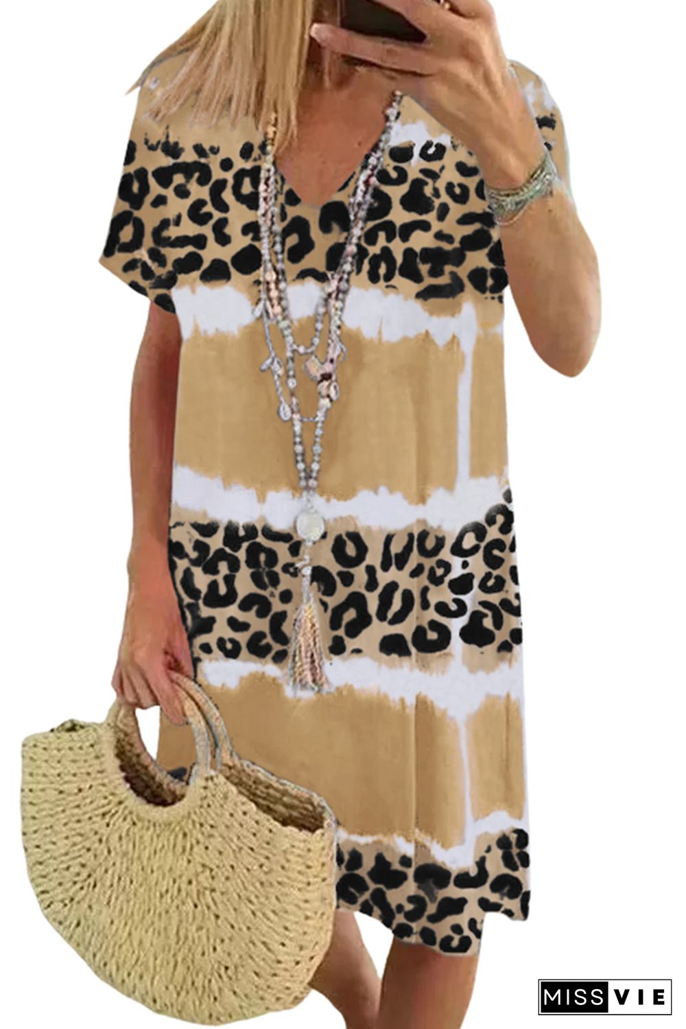 Yellow Leopard Color Block V-Neck T-shirt Dress