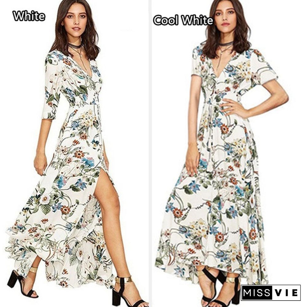 Fashion Bohemian Dress Womens V Neck Floral Print Big Swing Long Dress