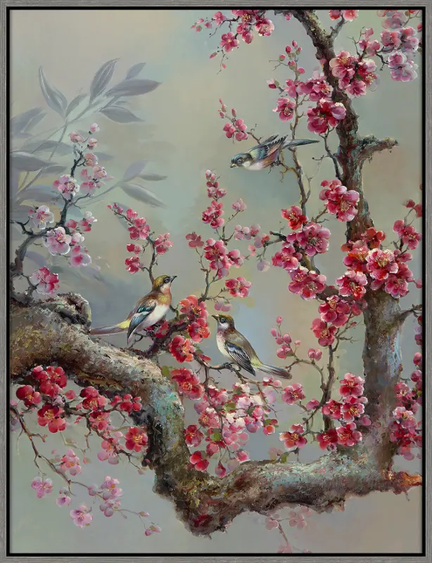 Multi Color Floral Branch and Birds Canvas Framed Wall Art