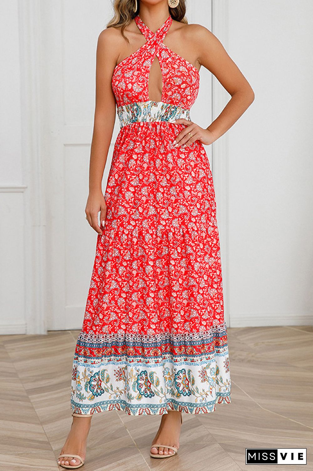 Twisted Halter Hollow Out Smocked Waist Boho Floral Maxi Dress