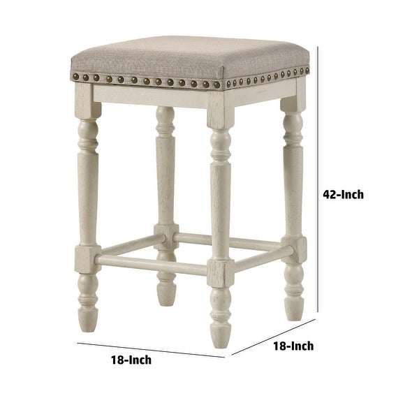 24 Inch Counter Height Stool， Luxe Nailhead Trim， Set of 2， Antique White