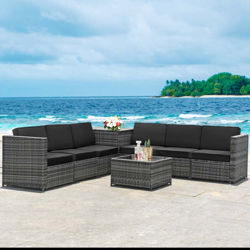 8 Pcs Rattan Patio Sectional Sofa Couch Set Outdoor Wicker Furniture Set with Storage Table & Cushions