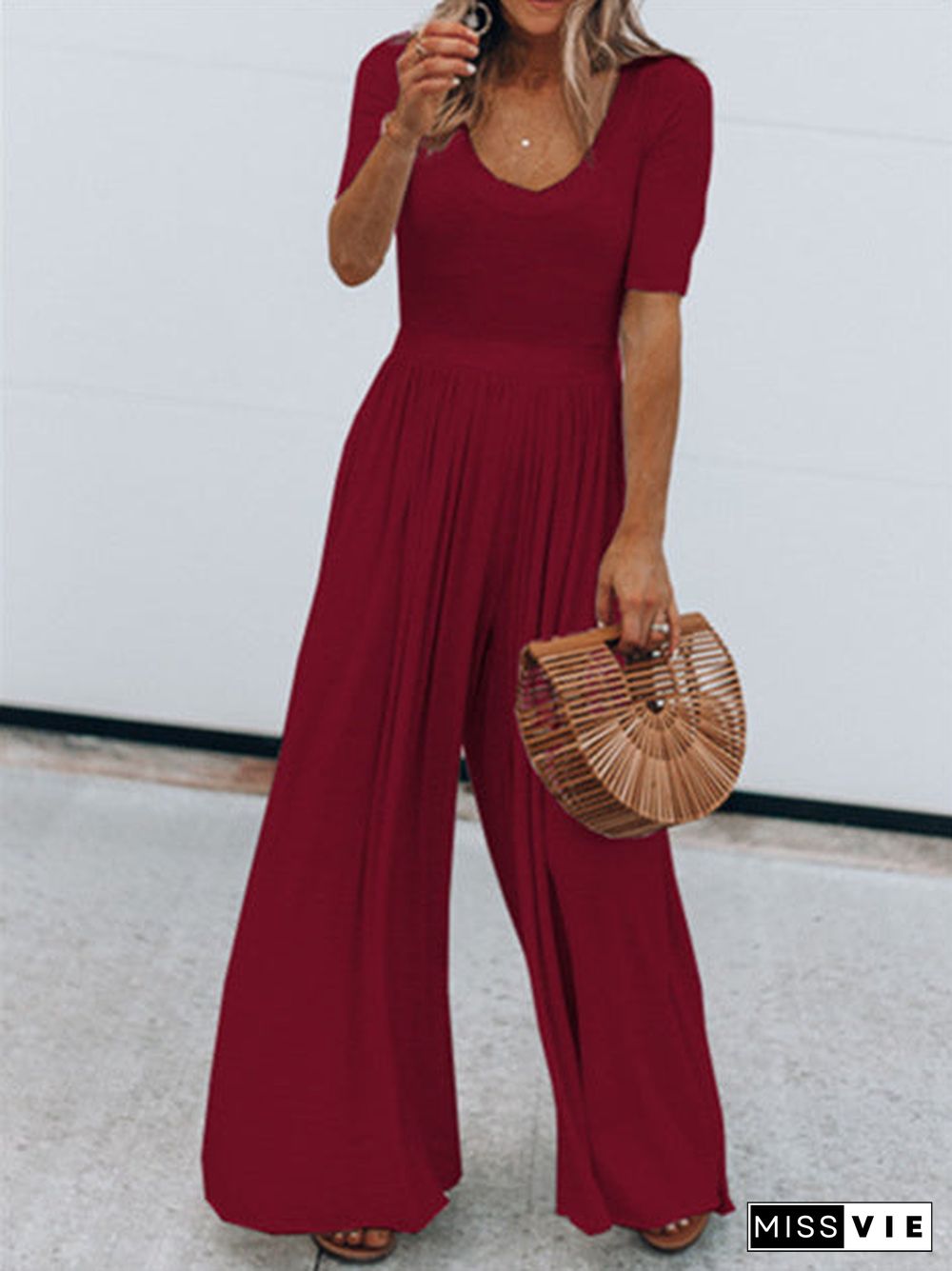 Women's Solid Color Short Sleeve Wide Leg Loose Jumpsuit