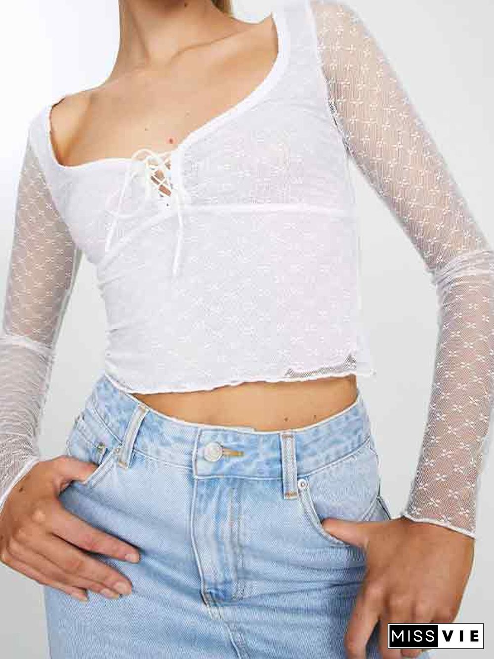 Lace Patch Tie Up Long Sleeve Blouse