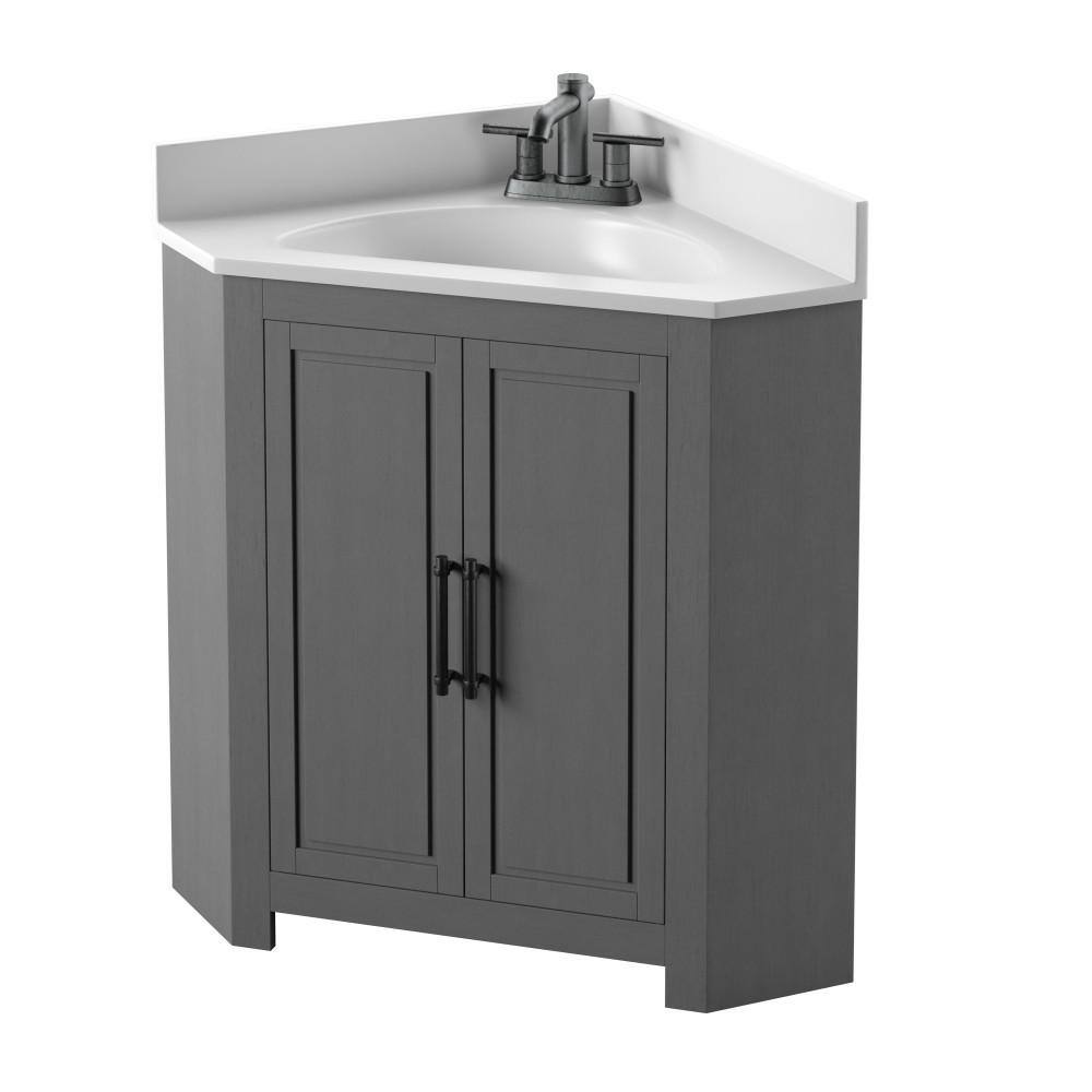 Twin Star Home 25 in. W x 25 in. D Corner Bathroom Vanity in Antique Gray with White Top and White Basin 25BV35043-PG22