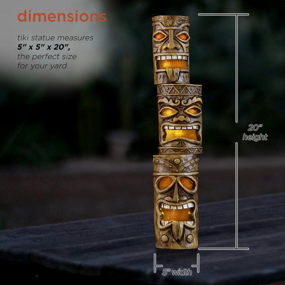 Alpine Corporation 19 in. Tall Outdoor 3-Tier Tiki Totem Statue with Solar LED Lights Yard Decoration WQA826SLR-DBR