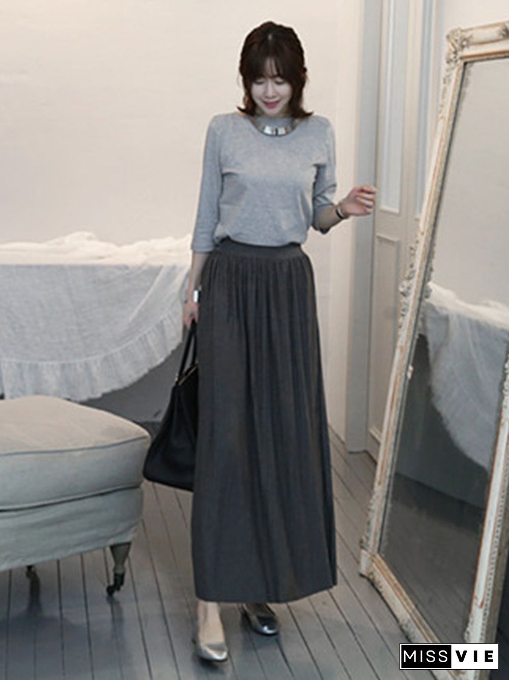 Casual Solid Color Elasticity Waist Pleated Skirts