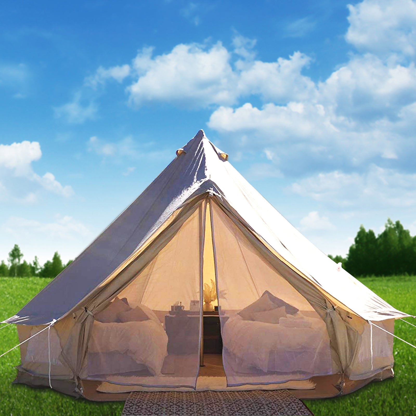 VEVORbrand Canvas Bell Tent 16.4ft Cotton Canvas Tent with Wall Stove Jacket Glamping Tent Waterproof Bell Tent for Family Camping Outdoor Hunting in 4 Seasons