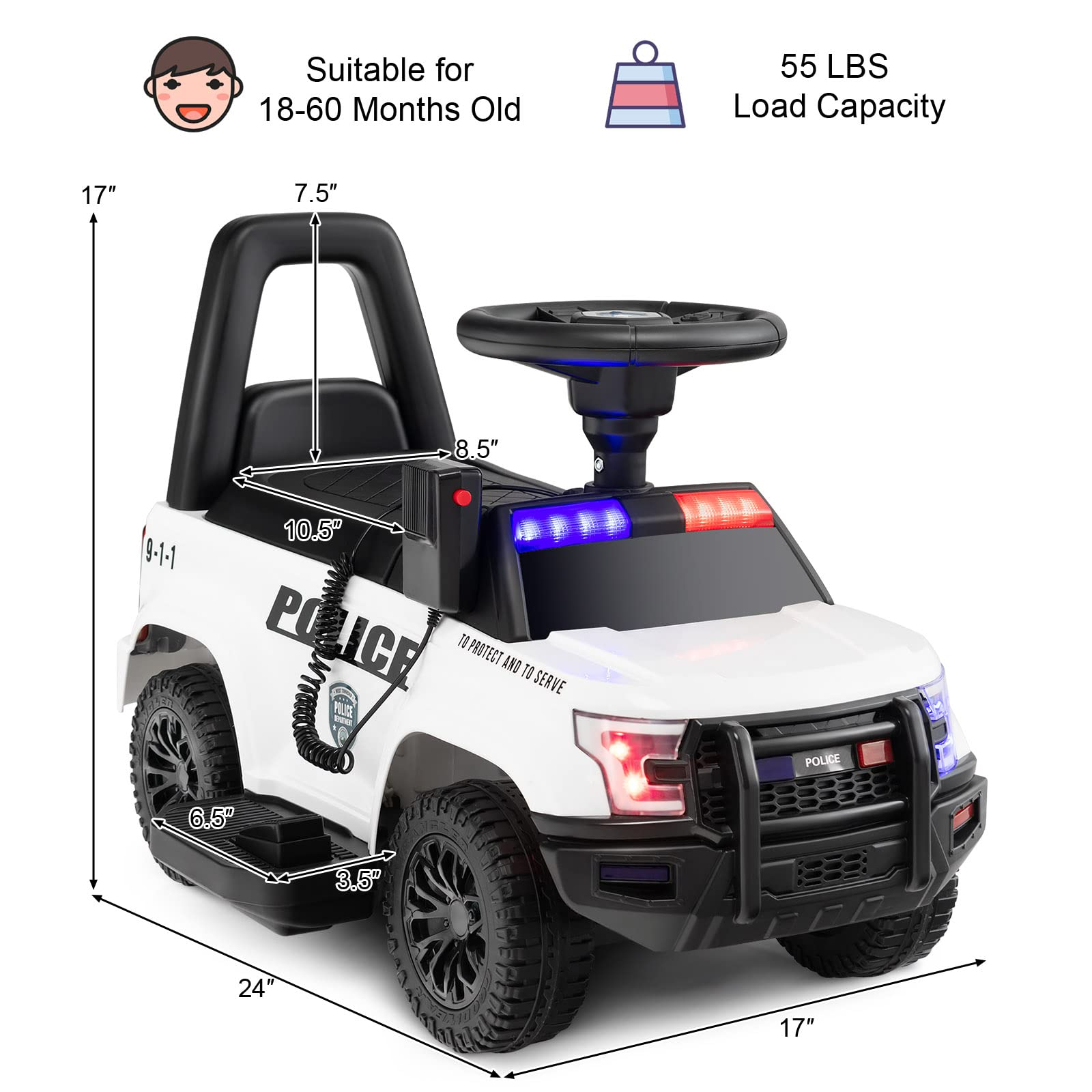 Costzon Ride on Car, 6V Battery Powered Police Car with Side Megaphone, Horn