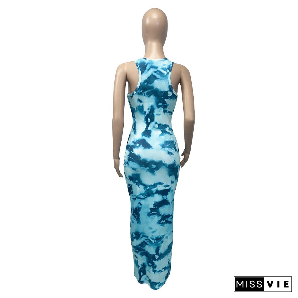 Women Summer Fashion Tie Dye Print V-neck Sleeveless Sexy Night Party Bodycon Long Dresses