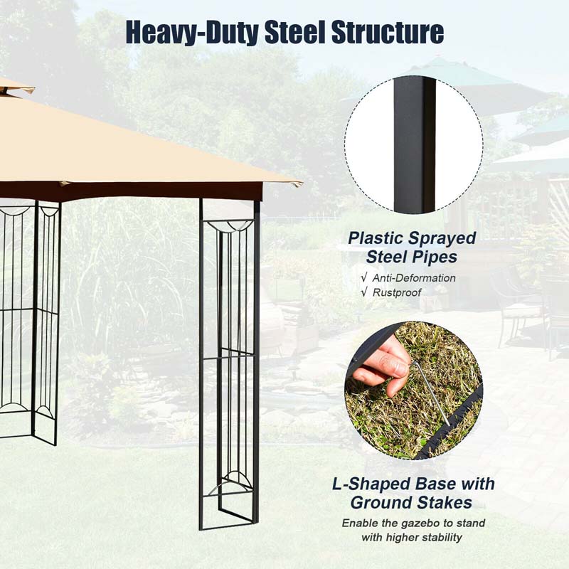 10 x 10 FT Steel Frame Patio Gazebo with 2 Tier Vented Roof, Heavy-Duty Outdoor Canopy Gazebo Tent