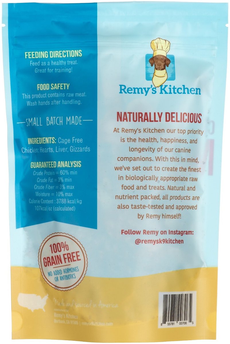 Remy's Kitchen Chicken Hearts， Liver and Gizzards Meat Medley Freeze-Dried Dog and Cat Treats， 3-oz bag