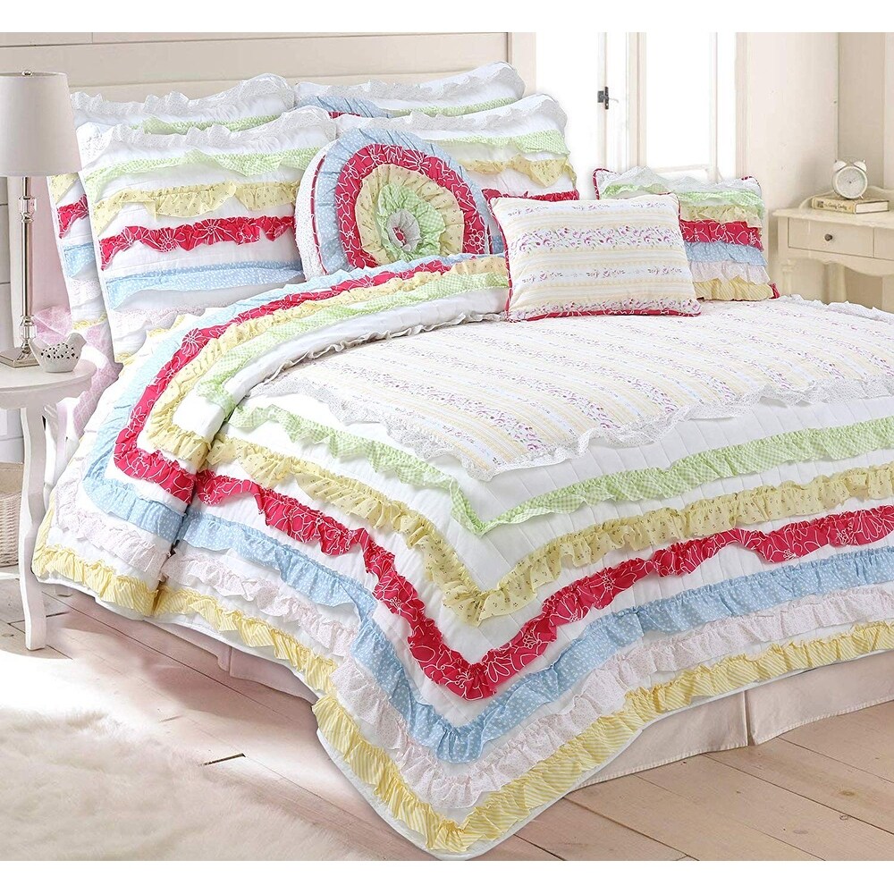 Porch   Den Appledale Red Ruffled Cotton Reversible Quilt Bedding Set   Blue/Yellow/White/Green/Red/Pink