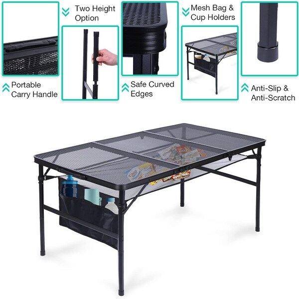 Grill Table，Outdoor Table，Card Table，Portable Grill Table，Adjustable Heights Camping Table with Mesh Bag and Cup Holders