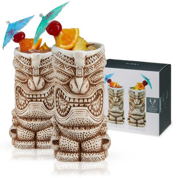 Viski High Tide Tiki Mugs Hand Painted Ceramic Tiki Glasses For Cocktails Tiki Barware 14 5oz Highballs Set Of 2