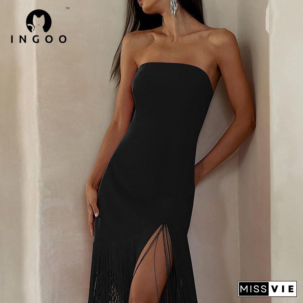 INGOO Black Fringe Sexy Tube Dress Bodycon Sleeveless Women Summer Long Dress Evening Elegant White Backless Party Club Outfits