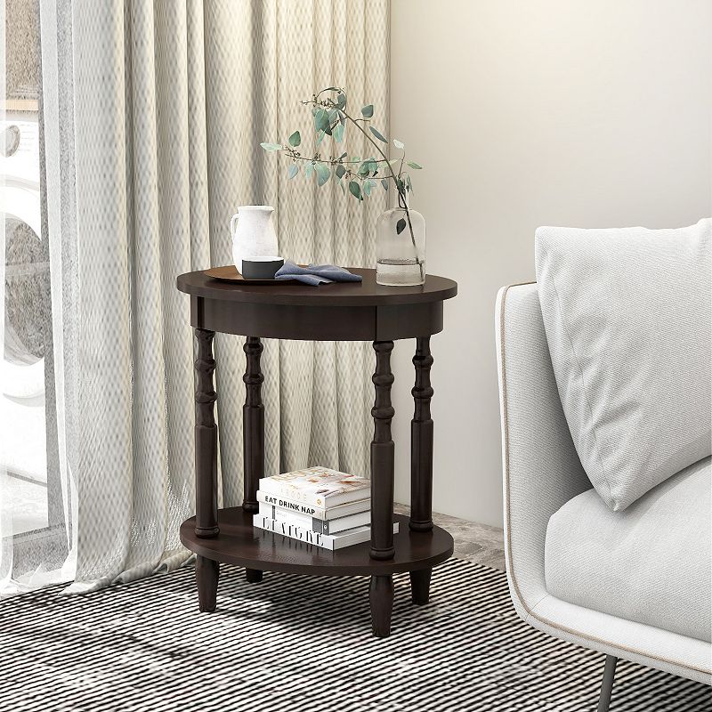 2-tier Oval Side Table With Storage Shelf And Solid Wood Legs