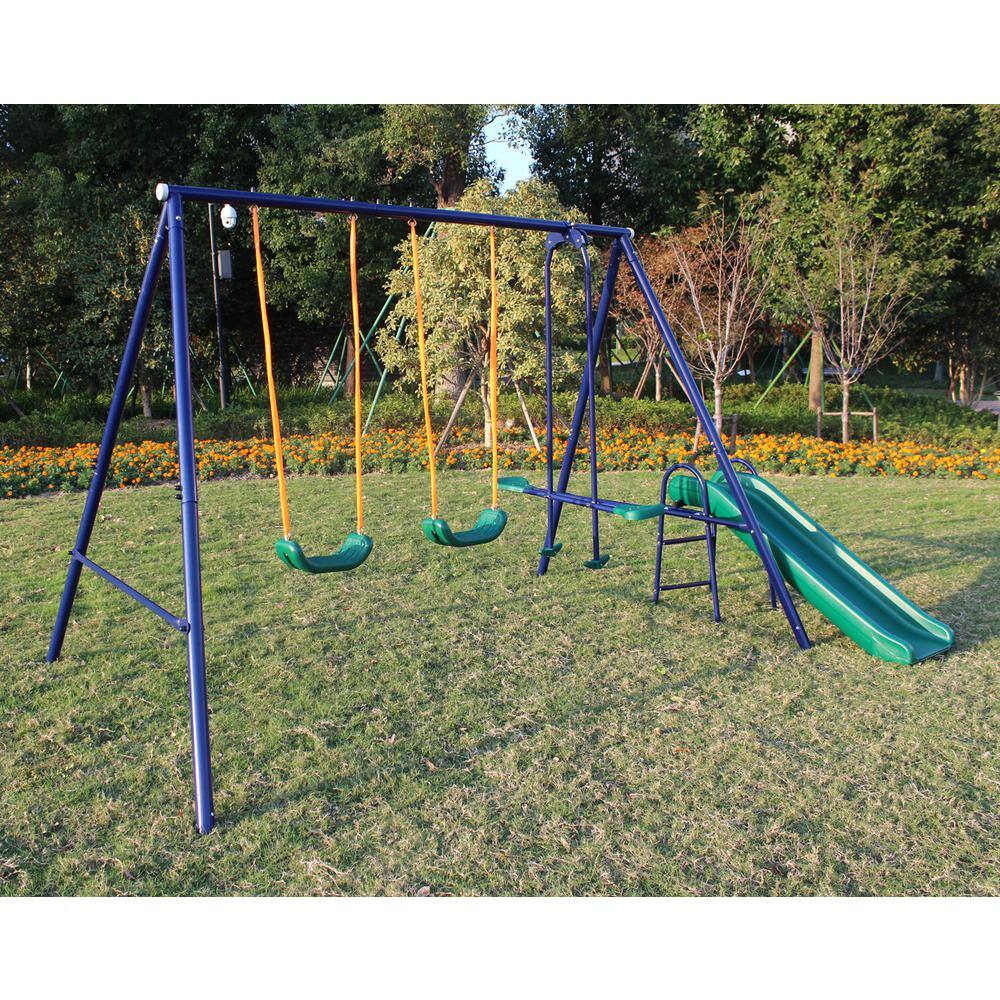 Metal Outdoor Swing Set with 2 Swing Seats 1 Glider 1 Slide LN20232280