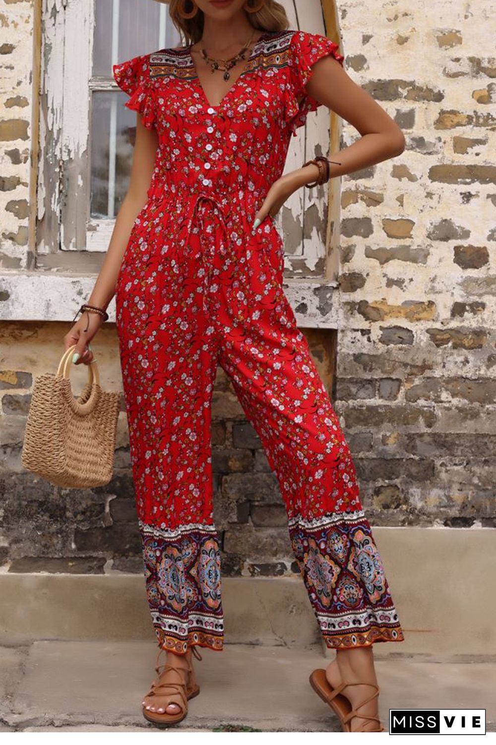 Red Flared Boho V Neck Ruffled Jumpsuit Wholesale