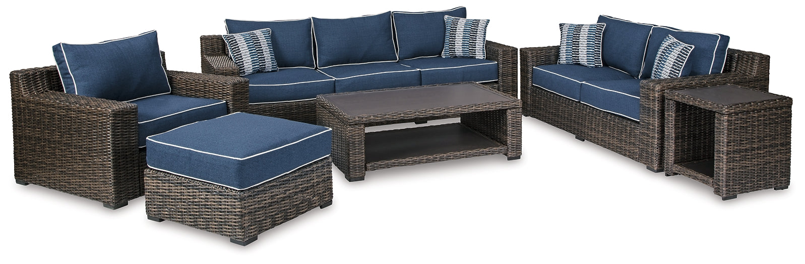 Grasson Lane Outdoor Sofa, Loveseat, Lounge Chair and Ottoman with Coffee Table and End Table