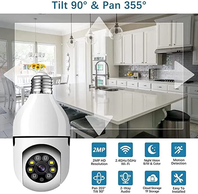 E27 Light Bulb Camera， 2 Pack Wireless WiFi Security Camera 1080p， 2.4GHz WiFi Smart 360 Surveillance Camera for Indoor and Outdoor， Light Socket Camera with Real-time Motion Detection， Night Vision