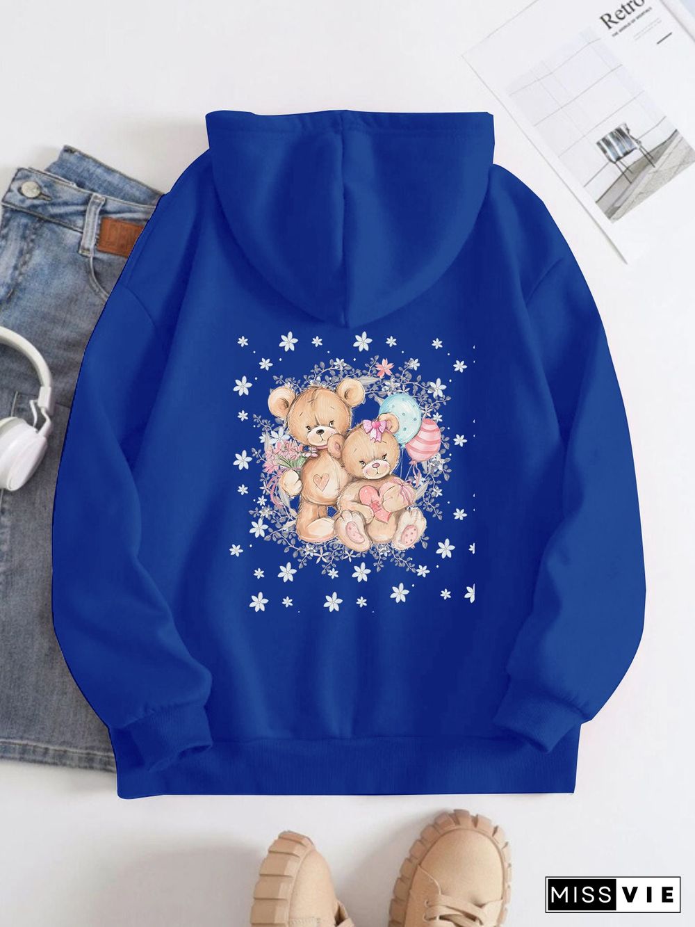 Printed on the Back Kangaroo Pocket Hoodie Long Sleeve for Women Pattern Bears and Flowers