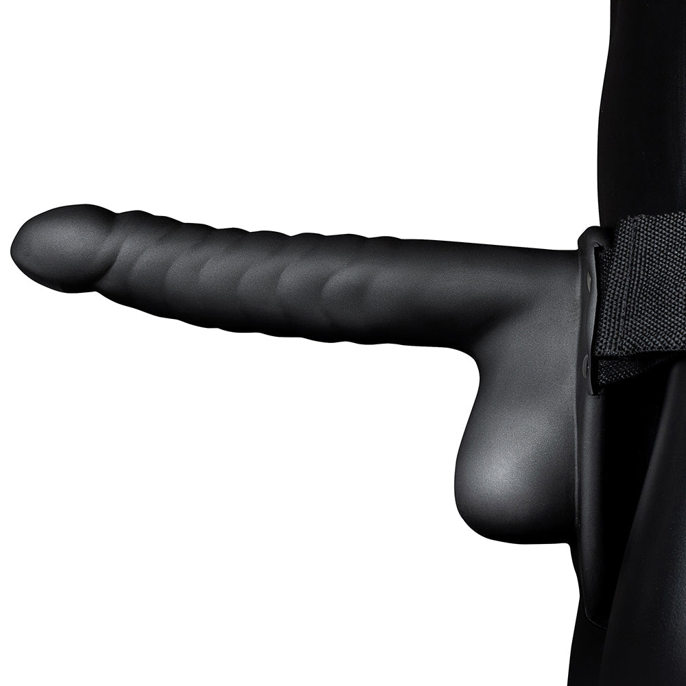 Ouch! Ribbed 8 Inch Hollow Ballsy Strap-On in Black