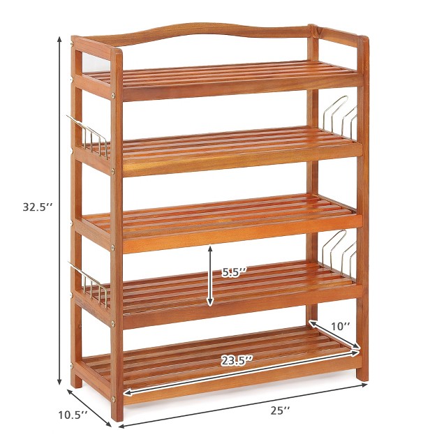 Costway 5 tier Wood Shoe Rack Solid Acacia Wood Shoe Shelf With Side Metal Hooks