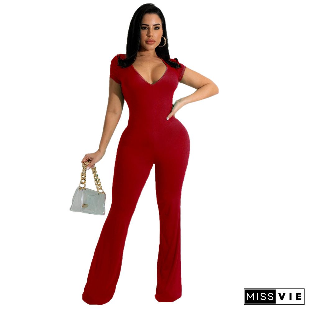 Short Sleeve V-neck Solid Flare Jumpsuit