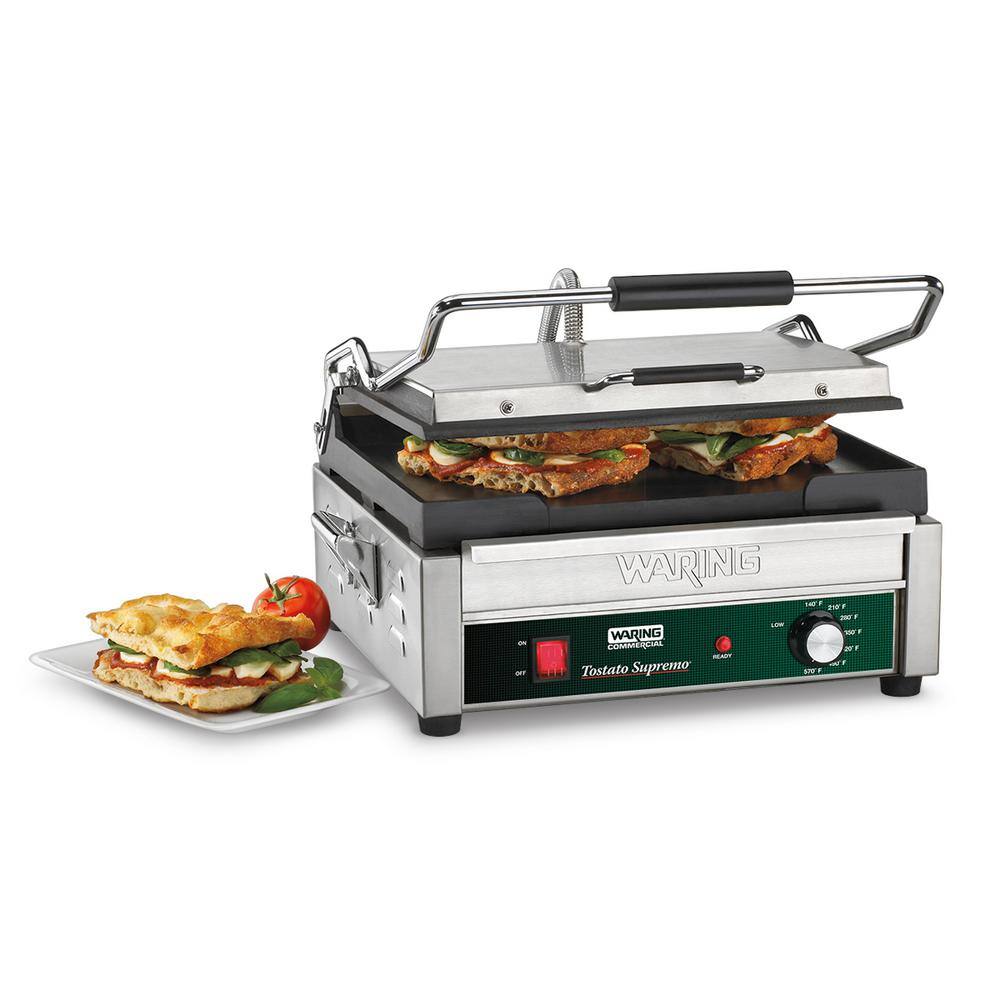 Waring Commercial Tostato Supremo Large Flat Panini Grill Silver 120-Volt 14.5 in. x 11 in. Cooking Surface WFG250