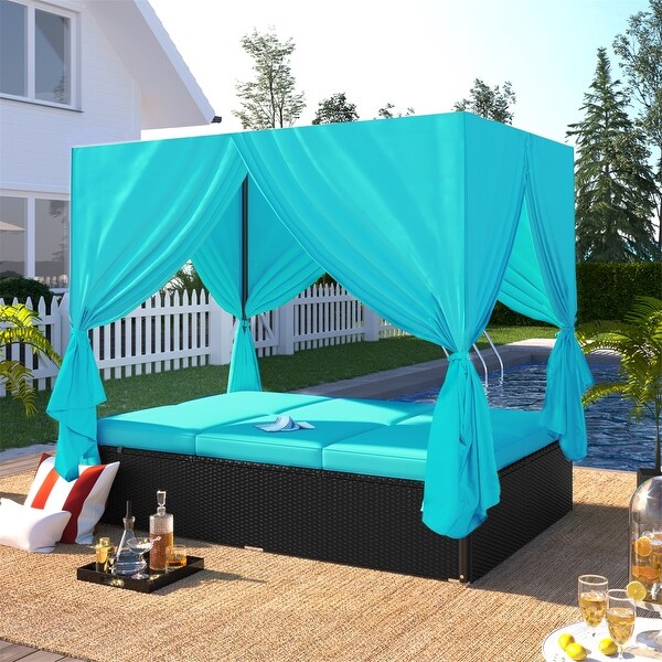 MERAX Outdoor Patio Wicker Adjustable Sunbed Daybed with Canopy