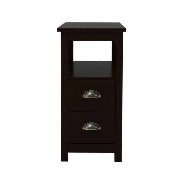 Wood Side Table Nightstand with 2 Drawers and Open Storage Shelf