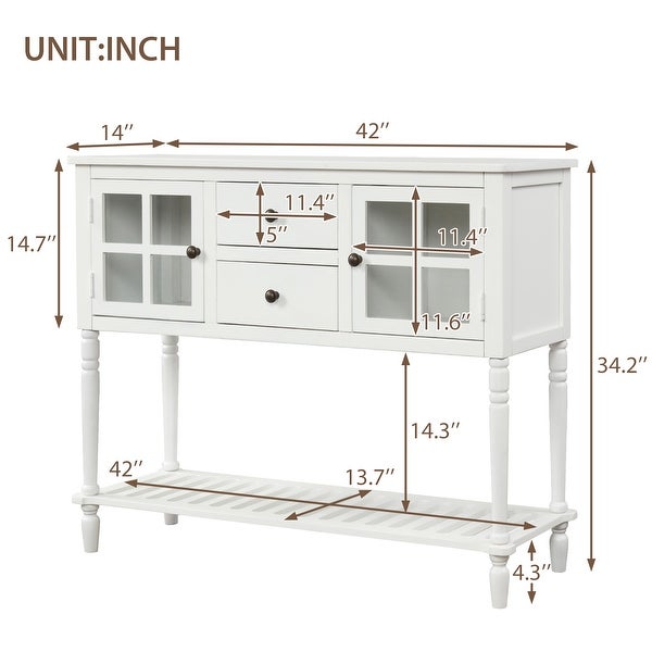 Farmhouse Distressed Sideboard Buffet Console Table with 2 Glass Front Cabinets， 2 Drawers and Slatted Bottom Shelf