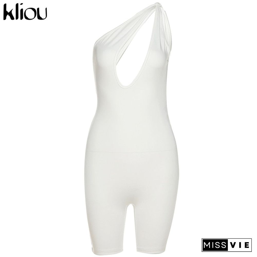 Kliou One Shoulder Cut Out Biker Shorts Rompers Sleeveless Sporty Workout Activewear Playsuits Solid Casual Women Clothing